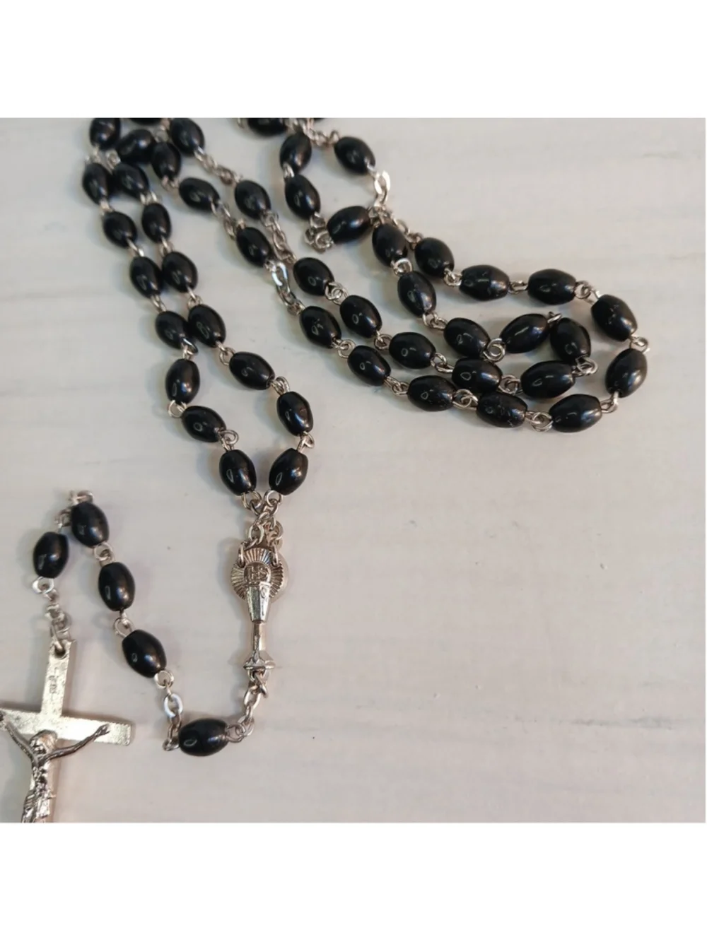 Vintage Silver Black Bead Prayer Rosary Catholic INRI With Pouch